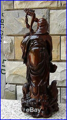 Antique 19c Chinese Rosewood Hand Carved Rare Statue Of Immortal With Dragon