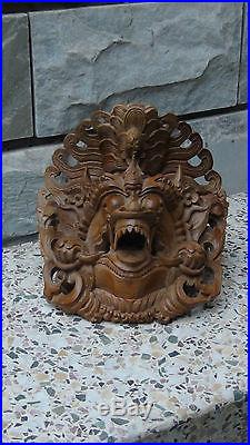 Antique 19c Chinese Teakwood Hand Carved Dragon Ritual Mask Crown Over The Head