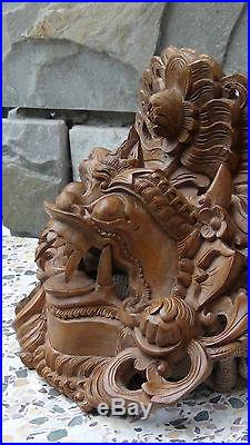 Antique 19c Chinese Teakwood Hand Carved Dragon Ritual Mask Crown Over The Head