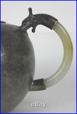 Antique 19c Qing Chinese Paktong Pewter Inscribed Dragon Jade Handle Teapot