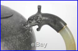Antique 19c Qing Chinese Paktong Pewter Inscribed Dragon Jade Handle Teapot