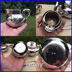 Antique 19th C Chinese 4 Piece Solid Silver Teaset Pot Bowl Jug Tong With Dragon