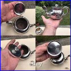 Antique 19th C Chinese 4 Piece Solid Silver Teaset Pot Bowl Jug Tong With Dragon