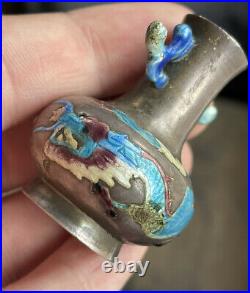 Antique 19th C. Chinese Baitong Paktong with Enamel Miniature Vase with Dragon