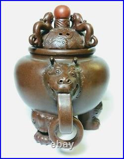 Antique 19th C Chinese Yixing Pottery Zisha Ware Censer & LID Dragons Bats