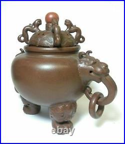 Antique 19th C Chinese Yixing Pottery Zisha Ware Censer & LID Dragons Bats