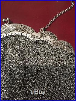 Antique 19th Cent Chinese Japanese Solid Silver Hand Bag Engraved With Dragon