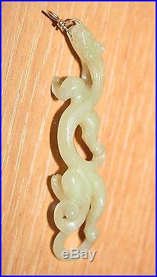 Antique 19th Century Chinese 14K Gold Carved Celadon White Jade Dragon Pendant