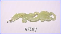 Antique 19th Century Chinese 14K Gold Carved Celadon White Jade Dragon Pendant