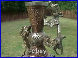 Antique 19th Century Chinese Asian Copper Bronze Dragon Vase Glass Stones
