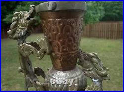 Antique 19th Century Chinese Asian Copper Bronze Dragon Vase Glass Stones