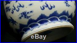 Antique 19th Century Chinese Dragon Blue & White Porcelain Flower Pot with Mark