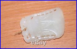 Antique 19th Century Chinese Large 14K Gold Carved White Jade Dragon Pendant