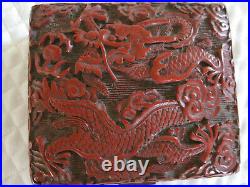 Antique 19th c Chinese Dragon Carved Cinnabar Lacquer Domed Hinged Trinket Box