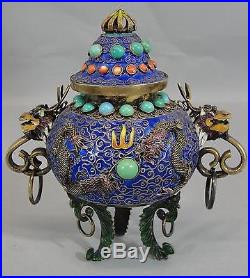 Antique 19thC Chinese Gold Gilt 925 Silver Turquoise, Coral & Enamel Dragon Jar