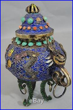 Antique 19thC Chinese Gold Gilt 925 Silver Turquoise, Coral & Enamel Dragon Jar