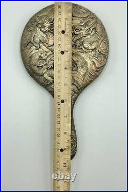 Antique 20th Century Chinese Silver Plate Double Dragon Hand Mirror /b