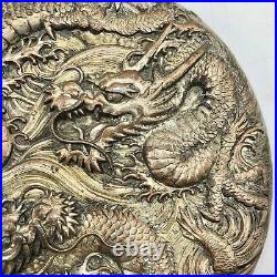 Antique 20th Century Chinese Silver Plate Double Dragon Hand Mirror /b