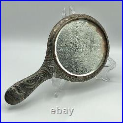 Antique 20th Century Chinese Silver Plate Double Dragon Hand Mirror /b