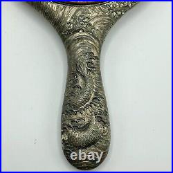 Antique 20th Century Chinese Silver Plate Double Dragon Hand Mirror /b