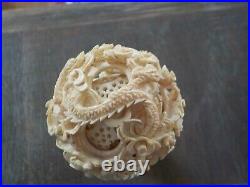 Antique 6 Layer Chinese Carved Puzzle Ball w Stand Dragons