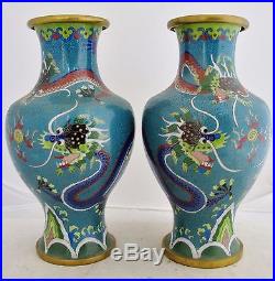 Antique 9 Pair of Chinese Blue Cloisonne Vases with Cobalt Celestial Dragons