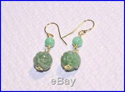 Antique Art Deco Chinese 14K Gold Carved Green Jadeite Jade Dragon Earrings