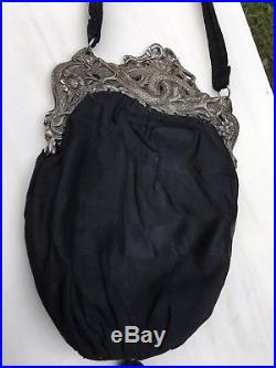 Antique Art Deco Silver Chinese Double Dragon Black Fringe Purse China Scent Bag