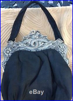 Antique Art Deco Silver Chinese Double Dragon Black Fringe Purse China Scent Bag