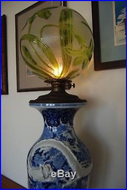 Antique Art Nouveau Japanese Chinese Porcelain Dragon Baccarat Glass Oil Lamp