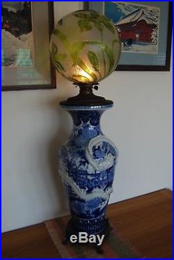 Antique Art Nouveau Japanese Chinese Porcelain Dragon Baccarat Glass Oil Lamp