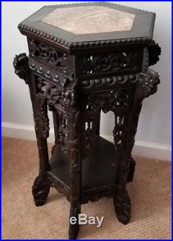 Antique Asian Oriental Marble Top Carved Hardwood End Table Chinese Dragon