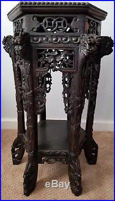 Antique Asian Oriental Marble Top Carved Hardwood End Table Chinese Dragon
