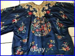 Antique Blue Silk Hand Embroidered Imperial Kesi Kossu Chinese Dragon Robe