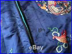 Antique Blue Silk Hand Embroidered Imperial Kesi Kossu Chinese Dragon Robe