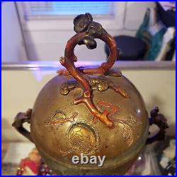 Antique Bronze Chinese Burial Urn With Dragon Handles