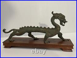 Antique Bronze Chinese Dragon with Wooden Stand 12.5