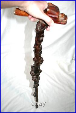 Antique Burl Carved Chinese Dragon Cane Vintage Walking Stick Asian Folk Art Wow