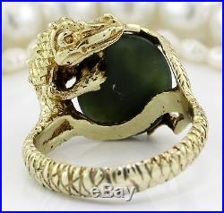 Antique C. 1920 Deco 10k Gold Cabochon Jade Jadeite Chinese Carved Dragon Ring