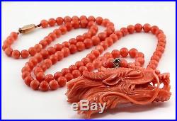 Antique C 1920 Deco 14k 18k Gold Chinese Dragon 5 mm Angelskin Coral Necklace