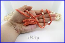 Antique C 1920 Deco 14k 18k Gold Chinese Dragon 5 mm Angelskin Coral Necklace