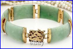 Antique C 1920 Deco 14k Gold Chinese Carved Dragon Green Jade Jadeite Bracelet