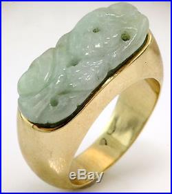 Antique C. 1920 Deco 14k Gold Chinese Carved Jadeite Jade Dragon Saddle Ring