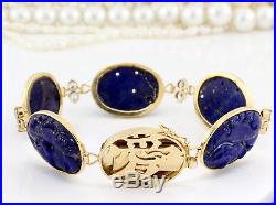 Antique C. 1920 Deco 18k Gold Carved Dragon Blue Lapis Lazuli Chinese Bracelet