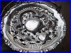 Antique CHINESE EXPORT STERLING Silver BASKET with DRAGON & VERSE SIGNED NR