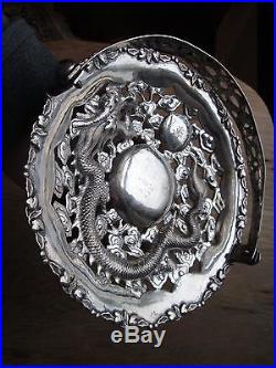 Antique CHINESE EXPORT STERLING Silver BASKET with DRAGON & VERSE SIGNED NR