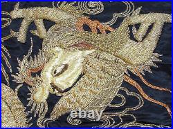 Antique CHINESE METALLIC THREAD BULLION EMBROIDERY DRAGONS PILLOW COVER
