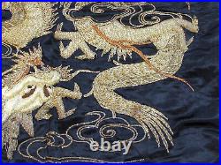 Antique CHINESE METALLIC THREAD BULLION EMBROIDERY DRAGONS PILLOW COVER