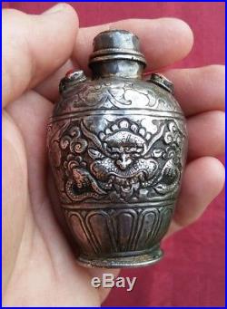Antique CHINESE Sterling Silver Turquoise + Coral God Demon Dragon Snuff Bottle