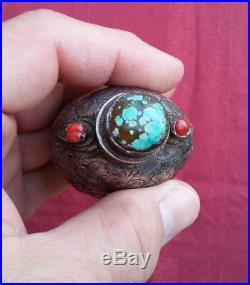Antique CHINESE Sterling Silver Turquoise + Coral God Demon Dragon Snuff Bottle
